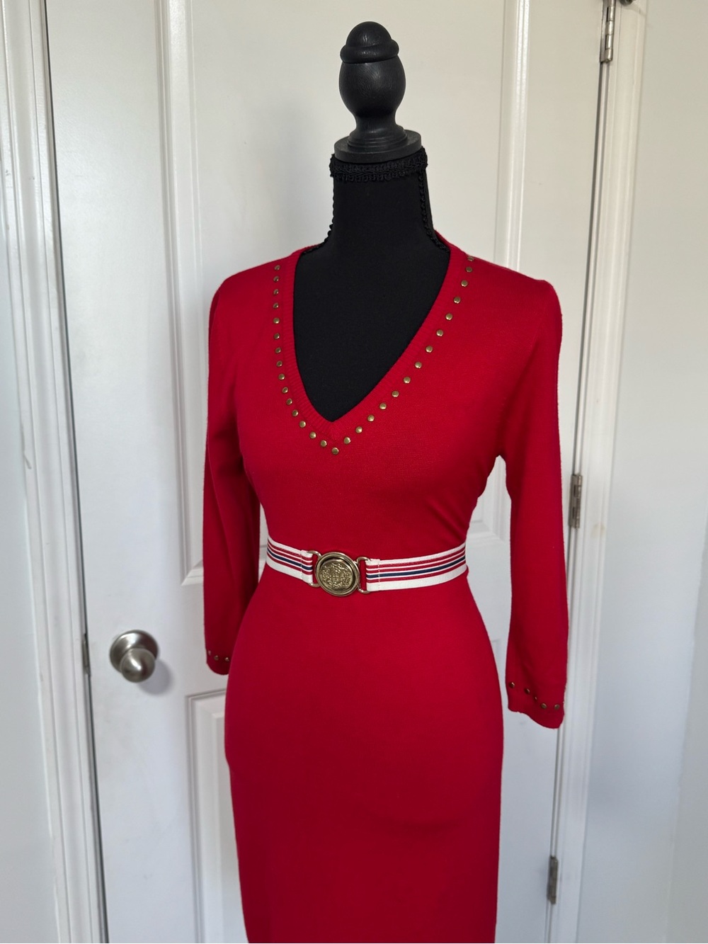 Calvin Klein Red V-Neck Midi Dress with Stud Accents Sweeter Dress